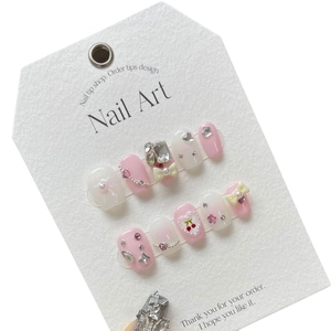 Handmade 3D nail set with pink blush gradient, cherry art, pearls and bows