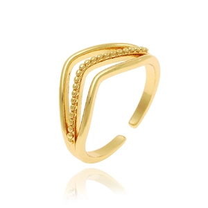 Elegant gold layered open ring with V-shaped bands and beaded detailing on white background
