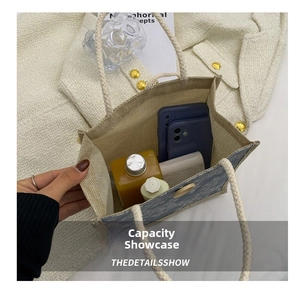 Detail view of floral canvas tote bag interior showing capacity for phones and power bank