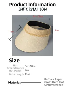 Size chart showing 54-58cm circumference raffia and paper straw sun hat specifications