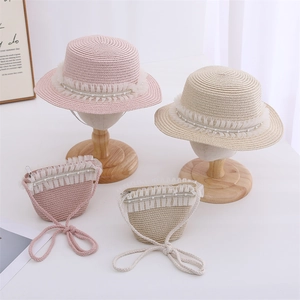 Childrens wide brim straw sun hat and matching bag set with lace and pearls
