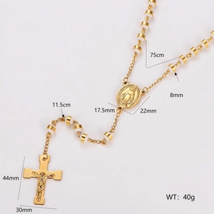 Golden rosary necklace with cross pendant and saint medal detailing dimensions