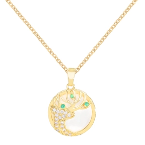 Elegant gold deer necklace with mother of pearl disc pendant and inlaid crystals