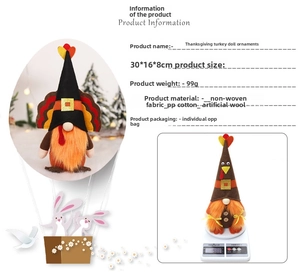Vue détaillée du gnome de dinde de Thanksgiving montrant la taille 30x16x8cm et le poids 99g