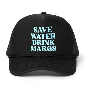 Detailed view of Save Water Drink Margs print on black breathable mesh trucker hat