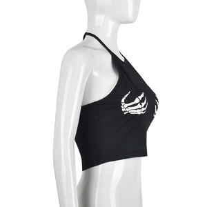 Detail of black halter crop top with white skeletal hand print on chest area