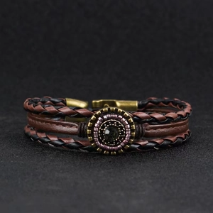 Handmade multilayer braided leather bracelet with vintage beads and brass buckle