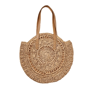 Handwoven hollow flower round straw shoulder bag with long leather straps for beach vacation