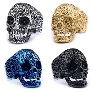 Skull Ring Stainless Steel Engraved Carved Floral Punk Gothic Retro Rock Biker Vintage Fashion Jewelry For Men