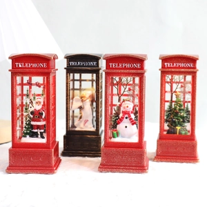 Christmas Telephone Booth Lantern LED Glowing Water Globe Ornament Retro Desktop Decoration With Snowman Santa Figures