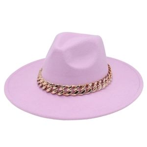 Close-up of lavender fedora hat with a glossy rose gold acrylic Cuban chain strap