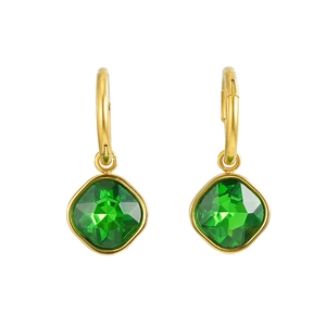 French retro gold titanium hoop earrings with square green zircon pendants for women