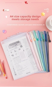 Close-up of multicolored A4 mesh zipper bags with index cards on a pink background