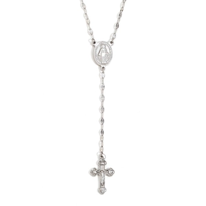 Silver-colored stainless steel rosary necklace with Mary medal and crucifix on white background