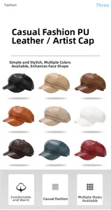 Detail view of nine various colors of retro PU leather newsboy caps for autumn and winter
