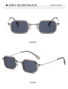 Front- und Seitenansicht der kleinen sechseckigen Retro-Sonnenbrille in Grausilber und Schwarz