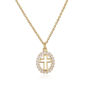 Goldene Kreuzkette mit mikroverzierten Zirkonia-Steinen an einer klassischen Kette