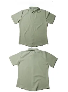 Front and back view of men's sage green short sleeve button shirt in breathable fabric