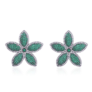 Elegant gun black flower earrings with emerald green and white zircon crystal petals
