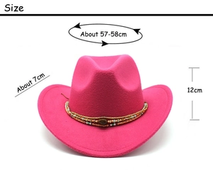 Detail view of pink wool felt cowboy hat with beaded band and size measurements