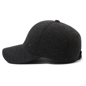 Men's wool blend winter baseball cap with ear protection and side metal shield logo
