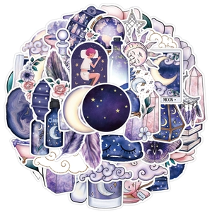 Detail of waterproof holographic magic stickers featuring purple moons and stars