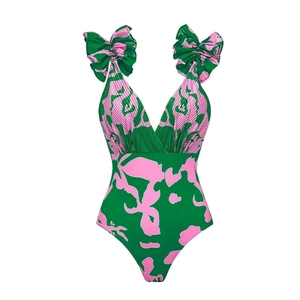 Maillot de bain une pièce floral avec col en V et bretelles à volants sur fond blanc