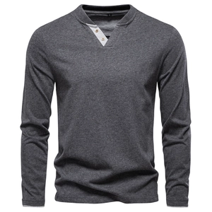 Men's dark grey long sleeve Henley shirt with V-neck and wooden buttons in a 3D view