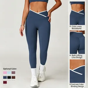 High waist crossover yoga leggings met contrast bies verkrijgbaar in 7 kleuren