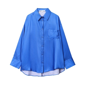 Oversized blue and black striped satin long sleeve shirt with front pocket and collar