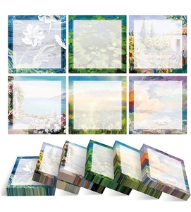 Detail view of 6 oil painting sticky note pads showing texture and thickness