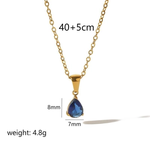 Gold stainless steel necklace with blue teardrop zircon pendant and size measurements