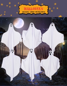 Set of six white fabric hanging ghosts with various expressions for Halloween decor