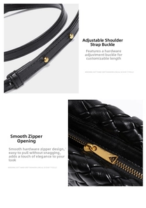 Close-up of black woven leather bag with adjustable strap and gold metal zipper detail