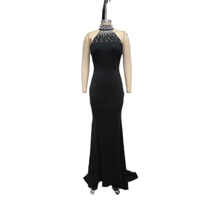 Elegant black halter evening gown with pearl embellishments and mermaid silhouette