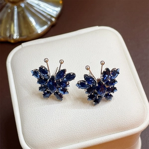 Butterfly Stud Earrings With Blue Zircon Copper Jewelry And 925 Sterling Silver Earring Post For Women Girls