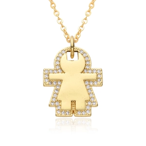 Gold girl pendant necklace with sparkling micro-pave crystals on a white background