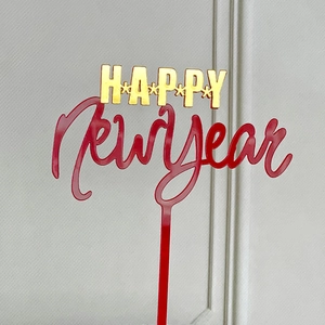 Adorno de pastel Happy New Year de acrílico dorado y rojo para decoración de fiesta de año nuevo