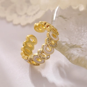 Luxurious gold geometric open ring featuring white enamel and sparkling zircon accents