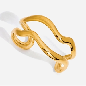 Minimalist Wave Double Layer Open Bangle Stainless Steel 18K Gold Plated Water Resistant Hypoallergenic Jewelry Women