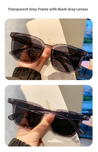 Detalle de gafas de sol cuadradas gris transparente con un estuche de cuero blanco