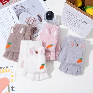 Winter thermal fleece-lined convertible gloves for women with cute 3D bunny ears