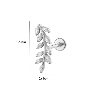 Detail view of leaf crown titanium earring with marquise zircon and size dimensions