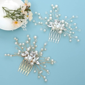 Elegant bridal hair combs set with pearls and rhinestones in gold and silver finish