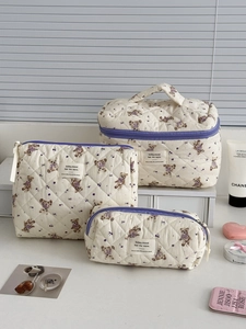 Quilted Cotton Cosmetic Bag Korean Ins Cartoon Bear Floral Print Makeup Organizer Large Capacity Portable Storage Pouch