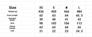 Detailed size chart for the women sequin party shirt with sleeves and chest dimensions