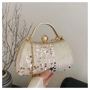 Elegant Sequin Evening Clutch Bag With Metal Handle And Artificial Pearl Clasp Velvet Fabric Party Handbag For Women Chain Strap