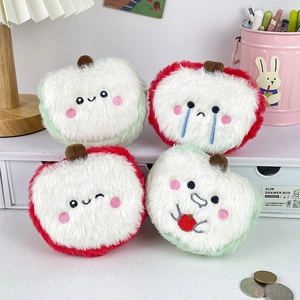 Apple Coin Purse Plush Embroidered Emoji Fruit Shaped Small Zipper Pouch Keychain Pendant Bag Decor For Girls