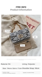 Detail showing snake print flap bag size 19x5x11cm with gold chain and metal buckle