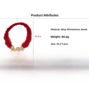 Specifications of red multilayer seed bead necklace with gold alloy and rhinestones